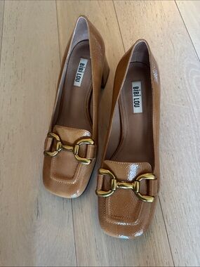 BIBI LOU Tan Patent Leather Block Heel Loafers